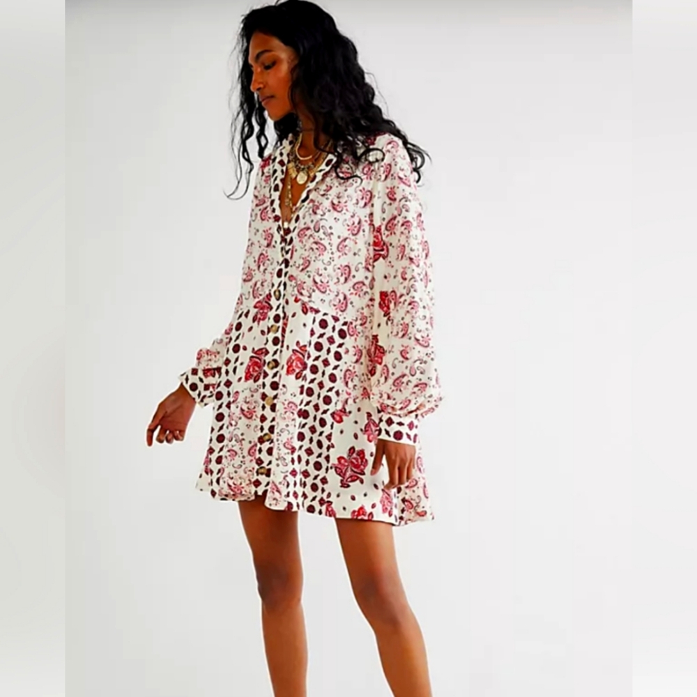 Free People Cream Red Sylvie Mini Dress Long Sleeve Paisley Print S